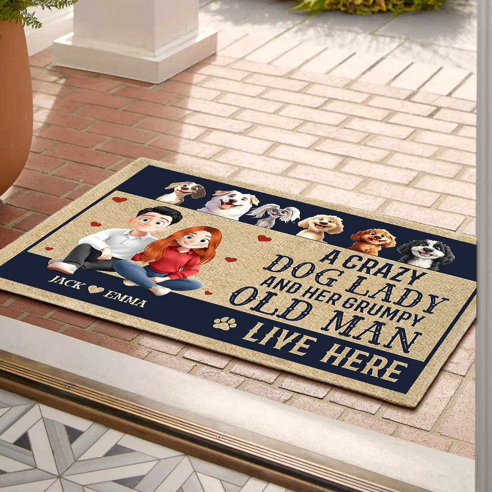 Custom Dog Lover Doormat – ‘A Crazy Dog Lady & Her Grumpy Old Man Live Here’ – Personalized Home Entry Mat