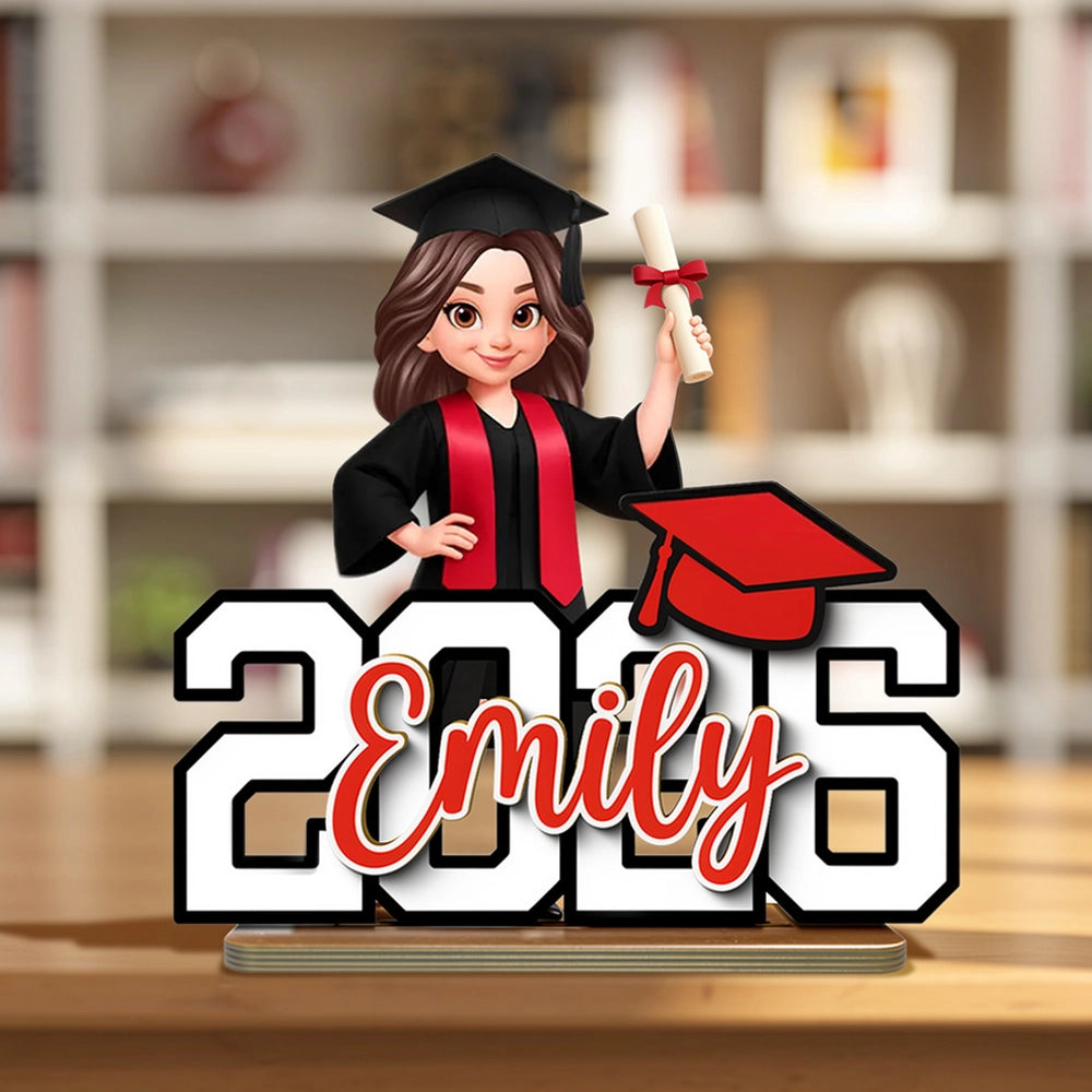 Custom Graduation 2-Layer Wooden Plaque With Cartoon Graduate and Year Sign, Heartfelt Gift For Student Family