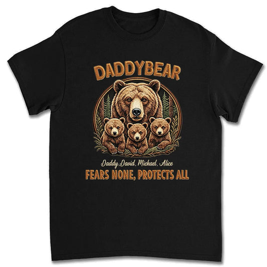 Personalized Daddy Bear Classic Tee With Custom Names, Protective Papa Gift For Dad, Rustic Bear Family Artwork