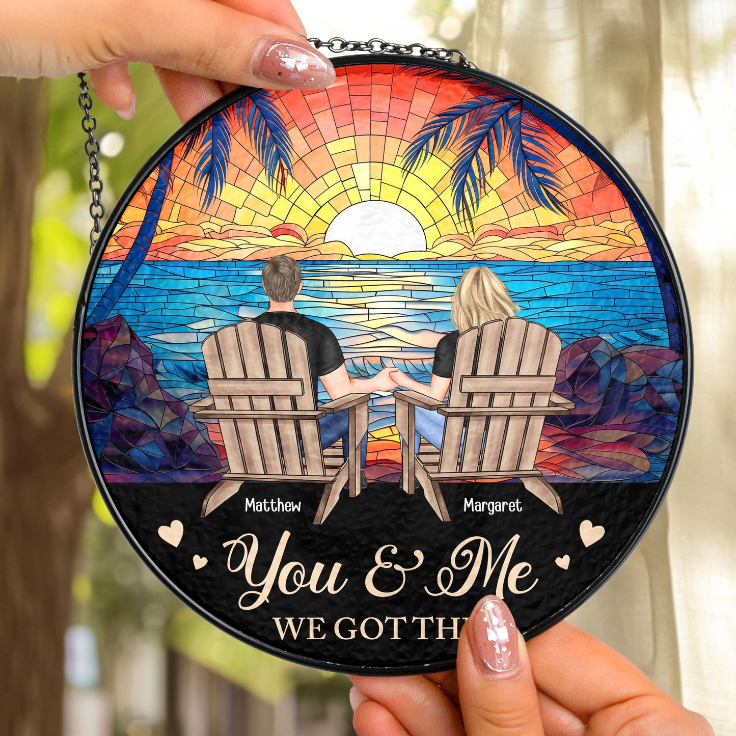 Custom Couple Glass Suncatcher Ornament – "You & Me, We Got This" Love Symbol
