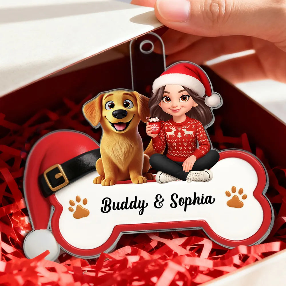 Acrylic Ornament - Personalized Girl with Dog Bone Design for Christmas Tree, unique gift for Dog Lovers