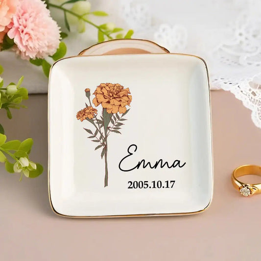 Personalized Jewelry Dish – Birth Month Flower Ring Tray with Name and Date