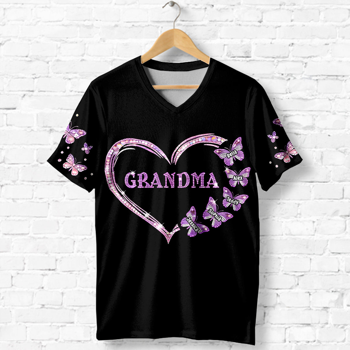 Custom Bling Shirt For Grandma/ Mother - Personalized Grandma Fully Printed V-Neck T-Shirt