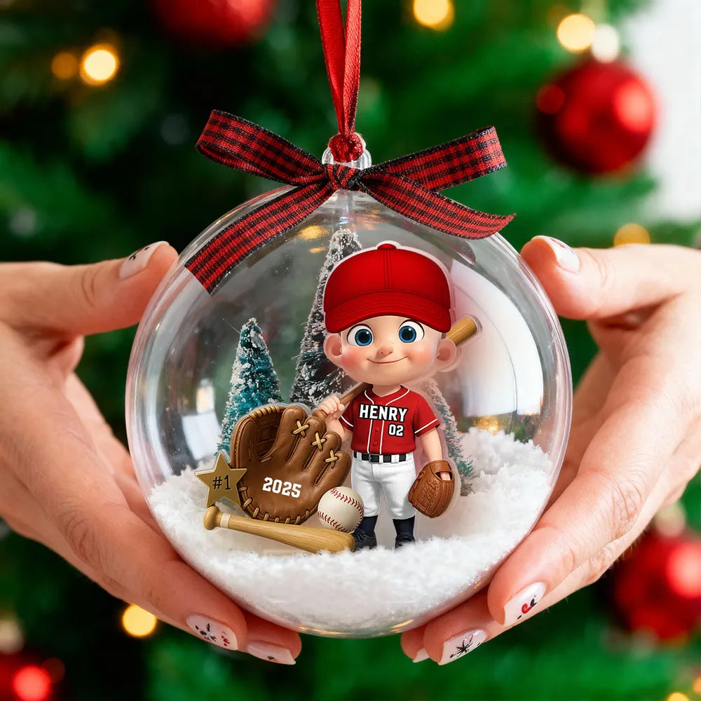 Snow Globe Ornament with Baseball Player - Personalized, Clear Acrylic, Winter Scene, a Unique Gift for Kids & Grandkids
