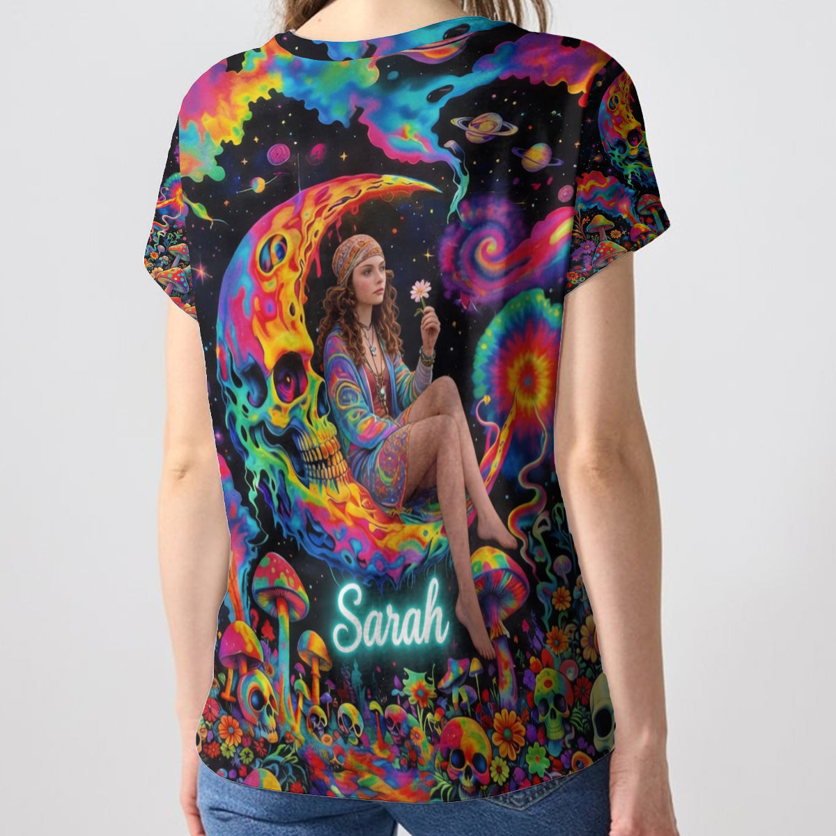 Custom Any Photo Hippie Skull Psychedelic - Personalized Hippie Fully Printed V-Neck T-Shirt