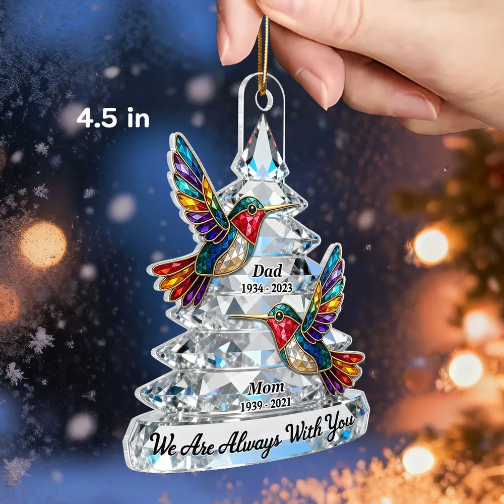 Personalized Memorial Acrylic Ornament with Colorful Hummingbirds, Christmas Tree Keepsake, Unique Sympathy Gift