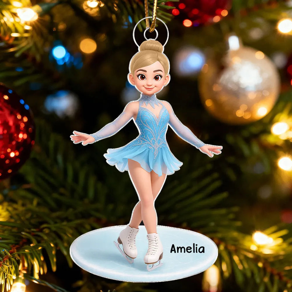 Cute Figure Skater Acrylic Ornament for Holiday Tree, Winter Wonderland Decor and Creative Gift for Daughters and Young Skaters