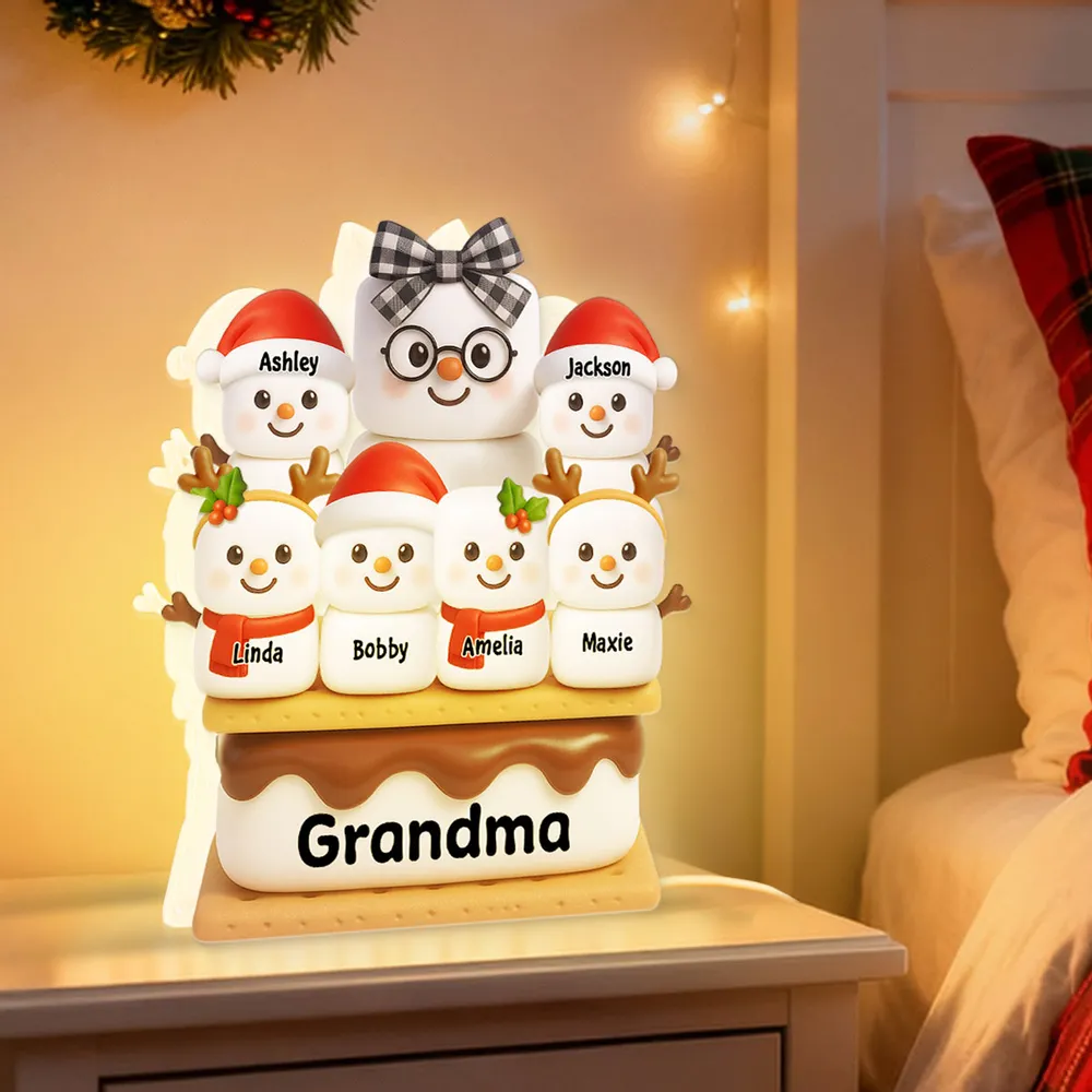 Personalized Acrylic Light Box - Cute S'mores Marshmallow Stack with Santa Hats & Warm Glow - Unique Gift for Grandma