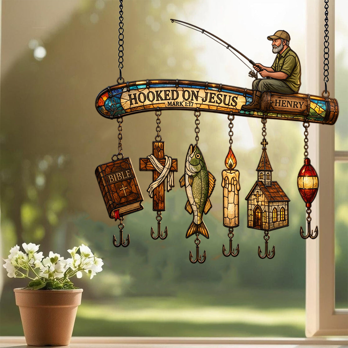 Hooked On God - Personalized Fishing Window Hanging Suncatcher With Custom Charms