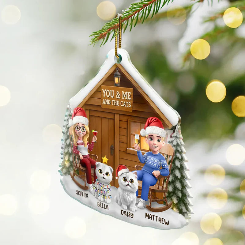 You & Me and the Cat Acrylic Ornament - Cozy Cabin Couple, Snowy Winter Scene - a unique gift for Couples & Cat Lovers