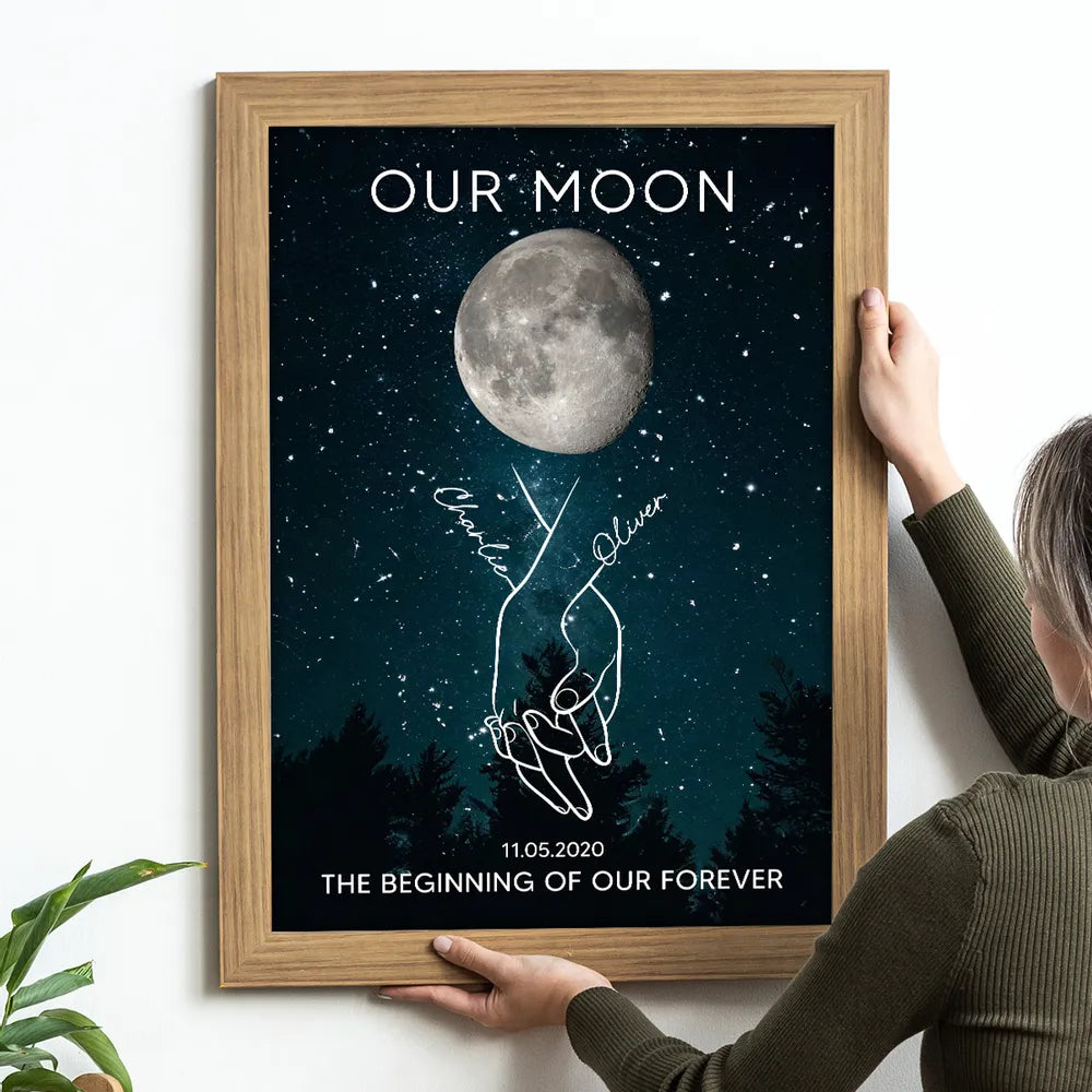 Personalized Moon Phase Poster, Couple Holding Hands Line Art on Starry Sky Wall Art, Unique Romantic Gift