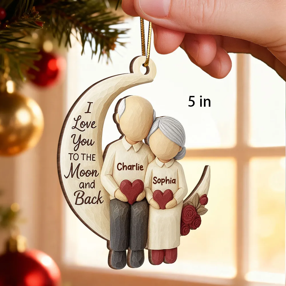Wooden Ornament - I Love You to the Moon, Carved Couple Design, Unique Christmas Gift for Couples or Grandparents