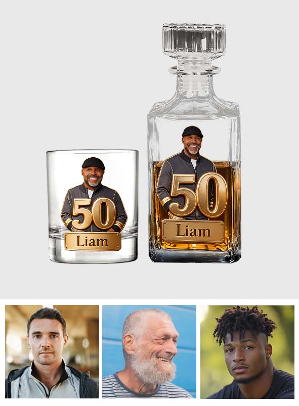 Custom Any Photo, Number - Personalized Birthday Whiskey Decanter Set