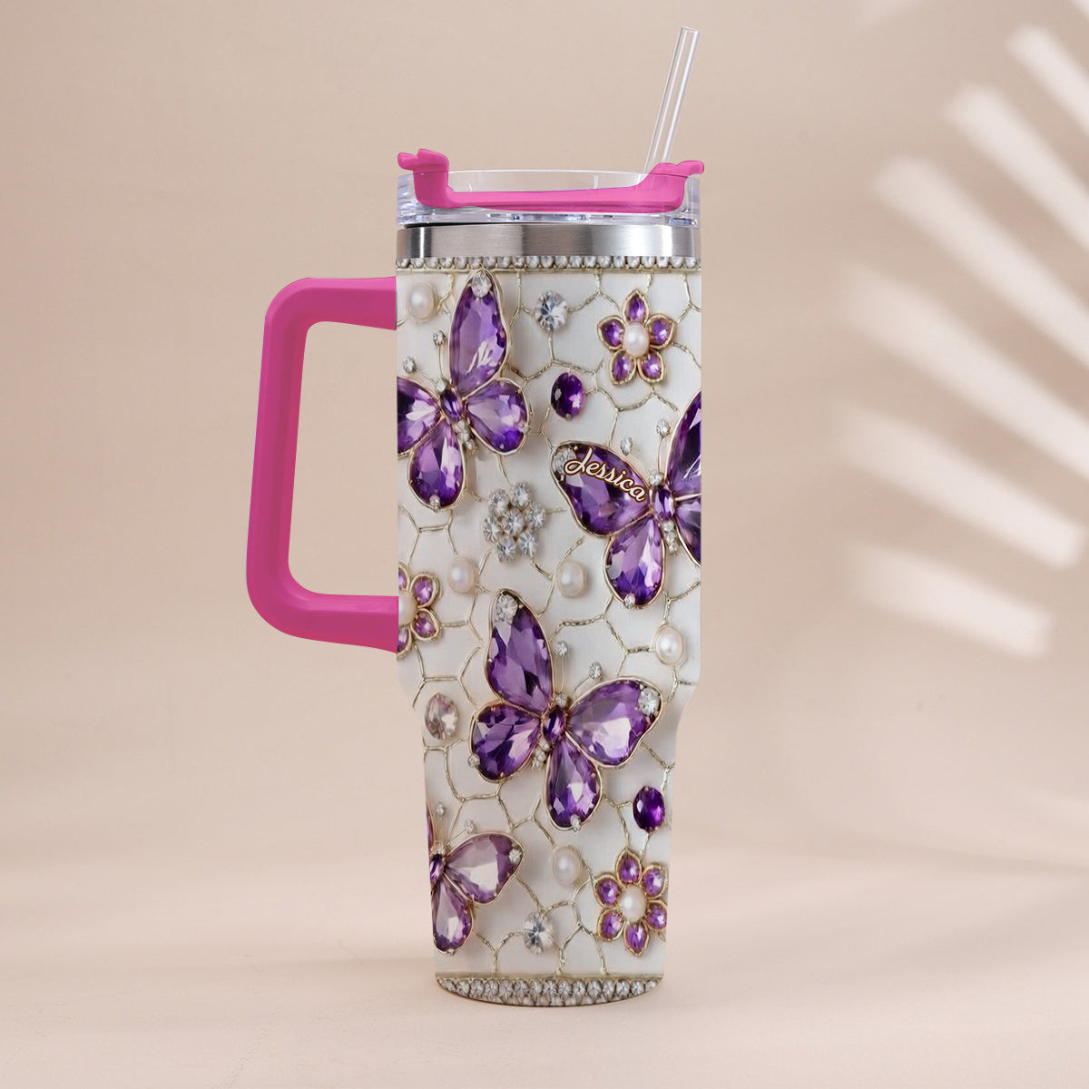 Love Butterflies - Personalized Butterfly Tumbler With Handle