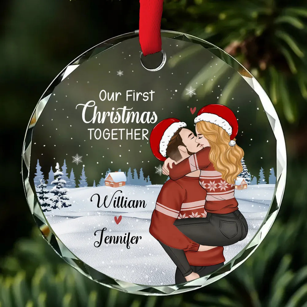Crystal Ornament with Romantic Couple Illustration, Cozy Holiday Vibes, Perfect Gift for Couples
