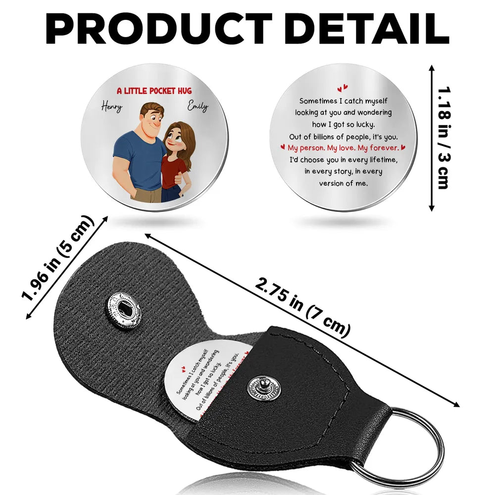 Personalized Pocket Hug Token for Couples, Cute Cartoon Hugging Couple Love Quote, Unique Romantic Gift Keepsake