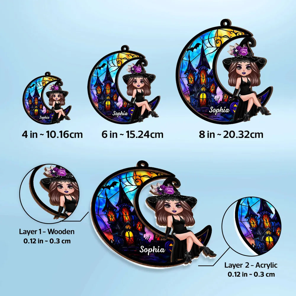 Wood and Acrylic Layered Ornament – Whimsical Moonlight Witch Design, Perfect Gift for Halloween Lovers