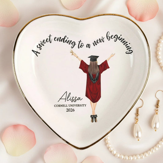 Personalized Graduation Heart Jewelry Dish With Sweet Ending To A New Beginning, Cap Toss Illustration, Unique Gift