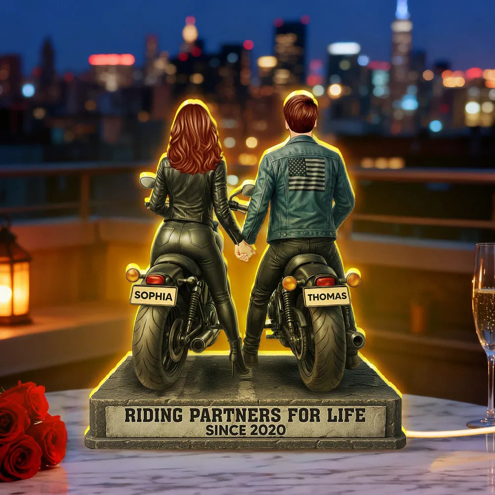 Riding Partners for Life Acrylic Light Box, Custom Motorcycle Couple Night Light with Warm Glow, Sentimental Gift