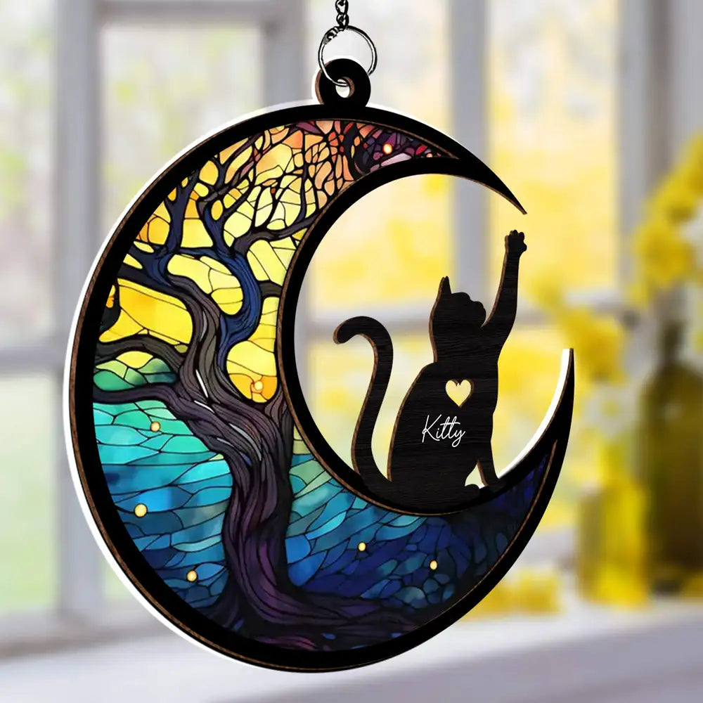 Cat Lover Gift – Layered Wood & Acrylic Ornament with Pet Name and Moon Design