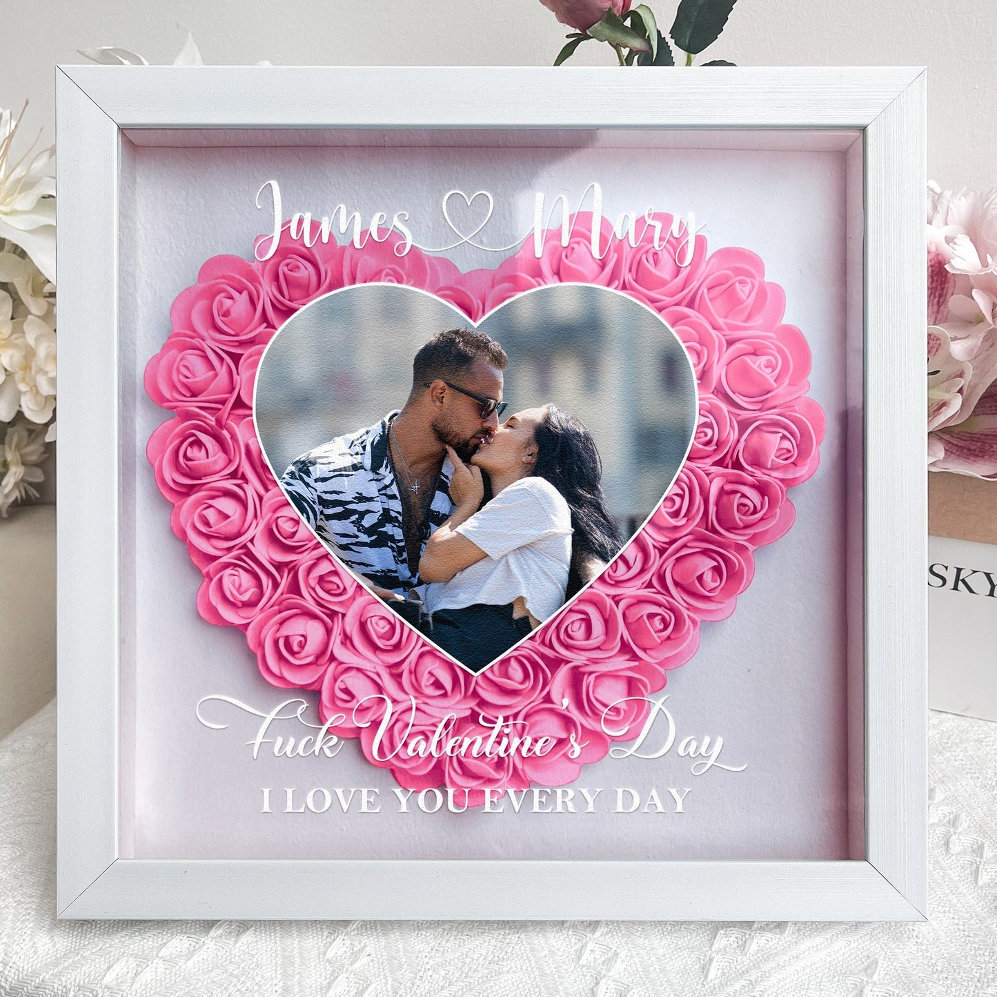 Personalized Flower Shadow Box with Heart Photo for Kissing Couple Romantic Home Display Unique Gift for Wife or Husband