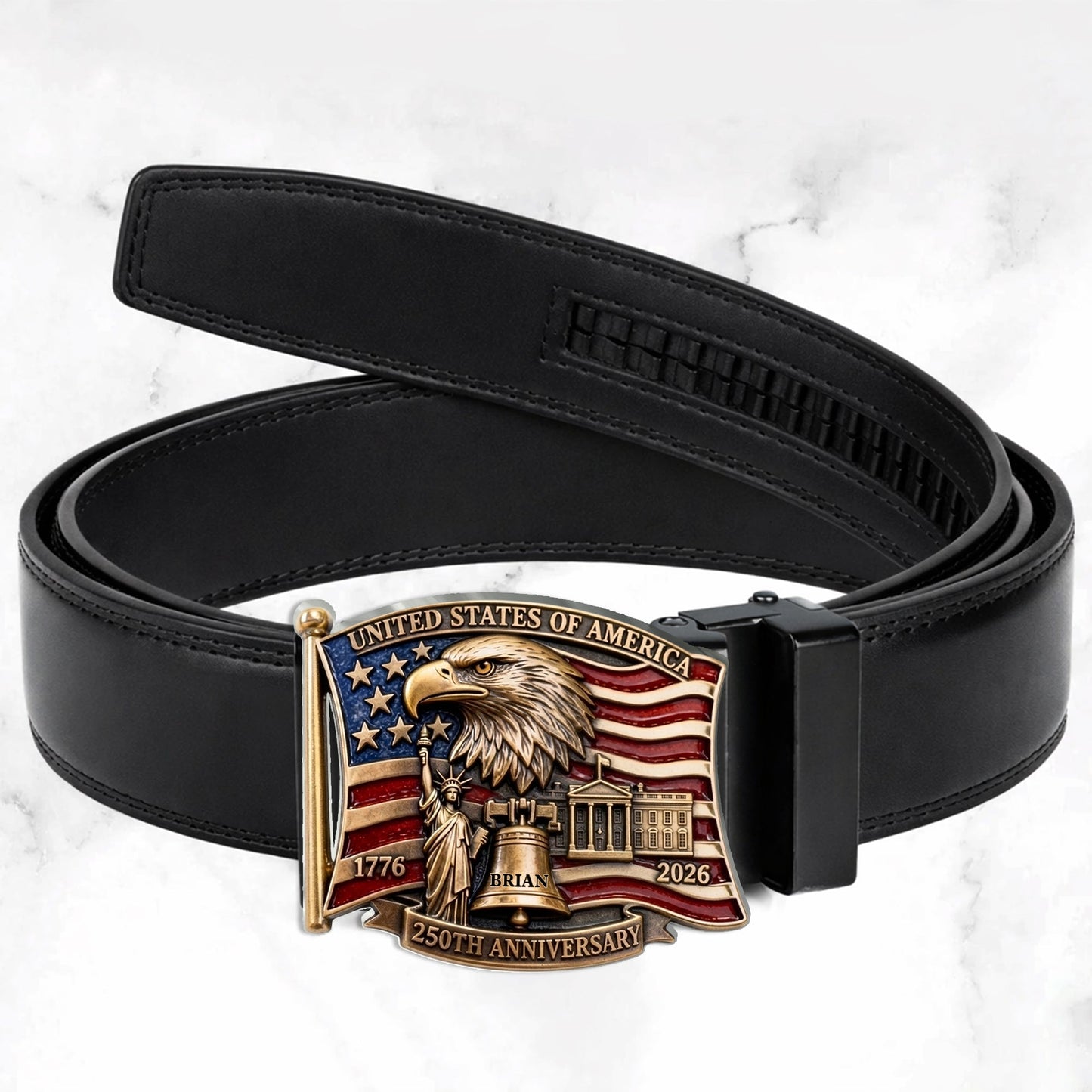 250th Anniversary Of United States - Personalized Patriot Leather Belt With Shaped Buckle