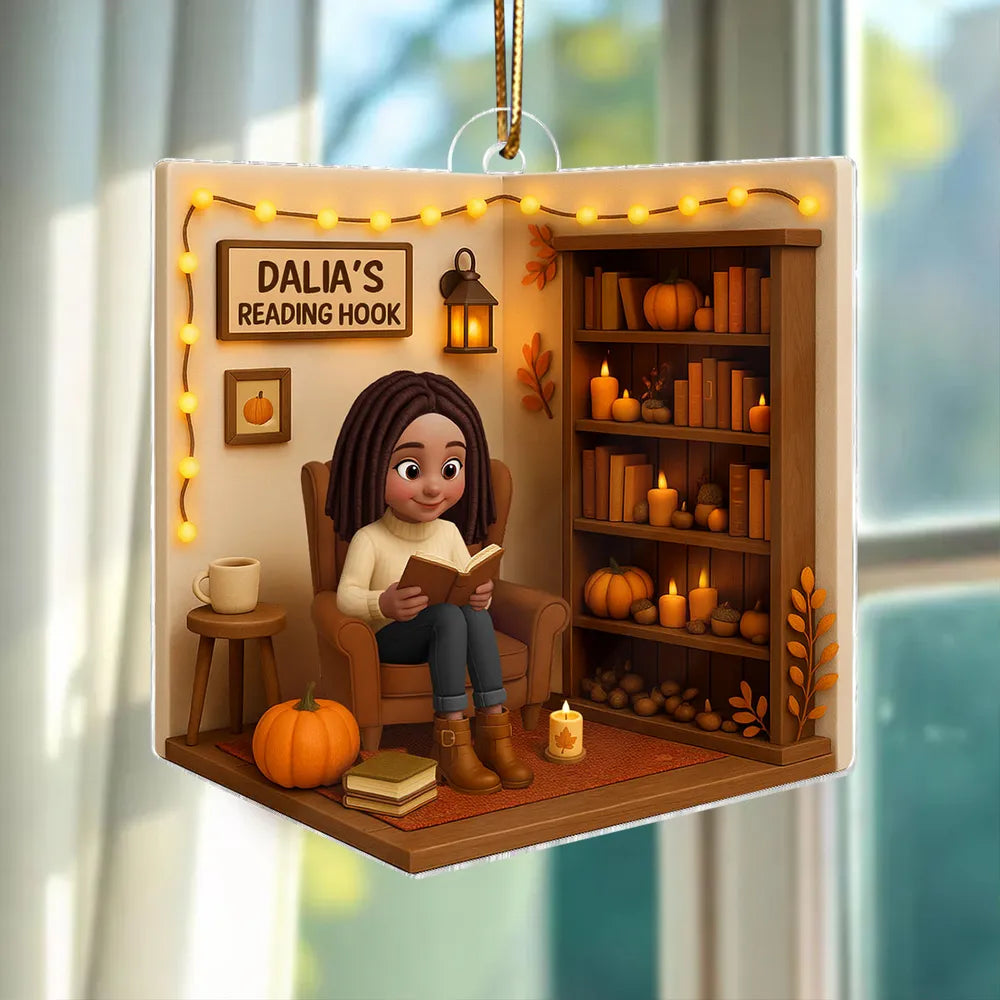 Cozy Autumn Reading Nook Personalized Ornament, Gift for Book Lovers, Creative Fall Gift for Her