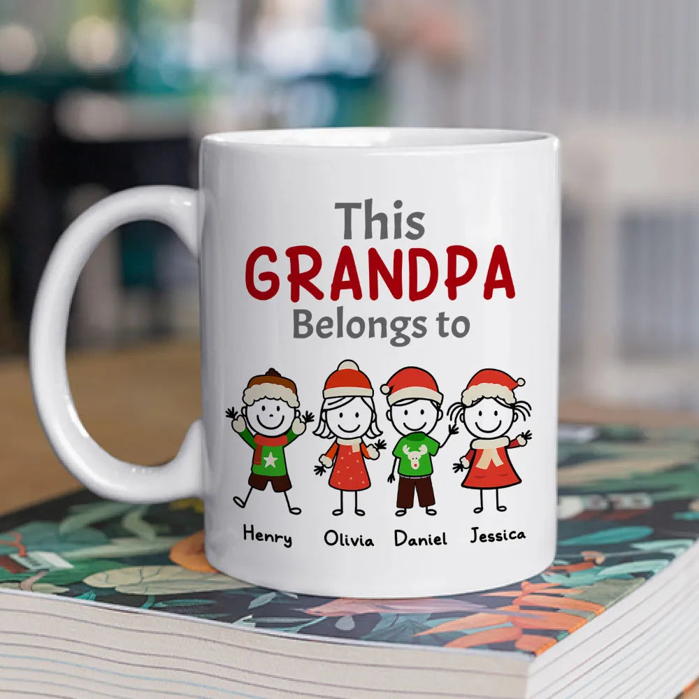 Custom “This Grandpa Belongs To” Mug – Holiday Stick-Figure Art, Unique Personalized Gift for Grandpa