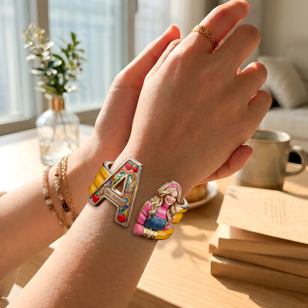 Best Teacher Ever - Personalized Teacher Shaped Cuff Bracelet
