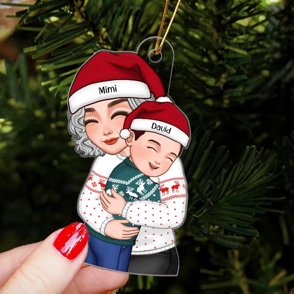Acrylic Ornament with Grandma & Granddaughter Hug Design, Christmas Sweater Style, Clear Print, Perfect Holiday Gift