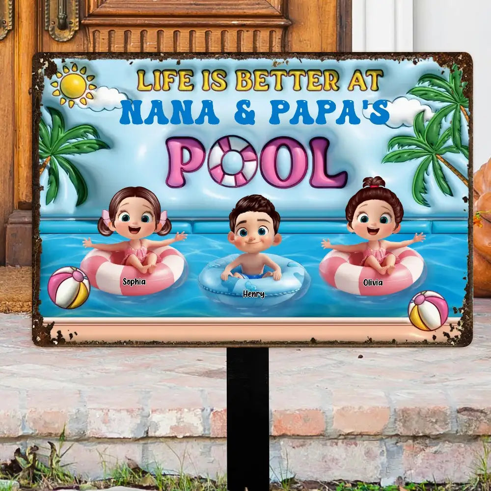 Life Is Better At Nana & Papa's Pool – Personalized Rectangular Iron Sign, Summer Poolside Gift For Grandparents