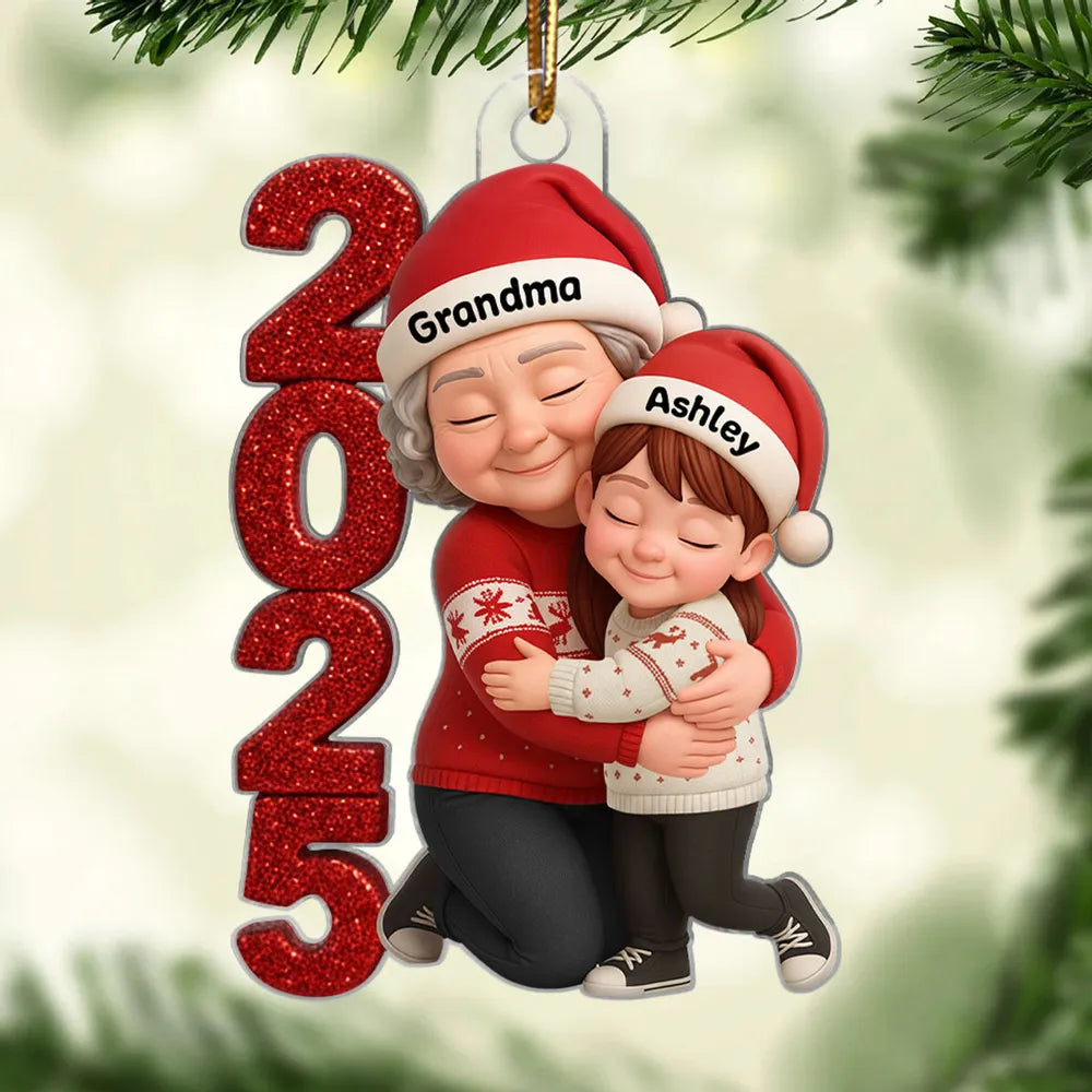 Acrylic Ornament - Personalized Grandma & Grandchild Hugging, Snowy Window - Christmas Keepsake, Unique Gift for Grandma