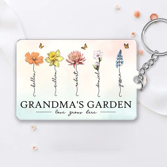 Grandma's Garden Love Grows Here Beautiful Birth Month Flower Gift For Grandma Mom Personalized Keychain, Poster, Plaque, Wallet Card, Car Hanger