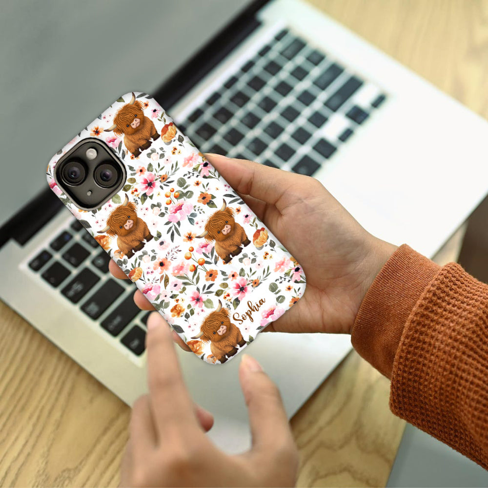 Floral Highland Cow - Personalized Highland Cow Full Print Phone Case