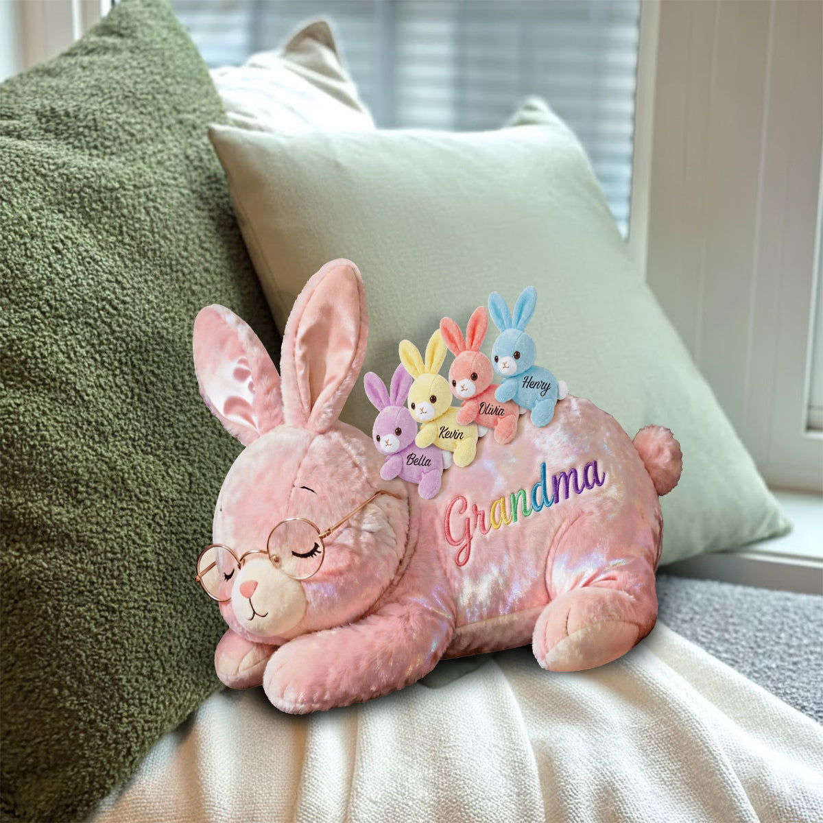 Grandma Bunny with Baby Bunnies - Personalized Grandma Faux Fur Shaped Pillow