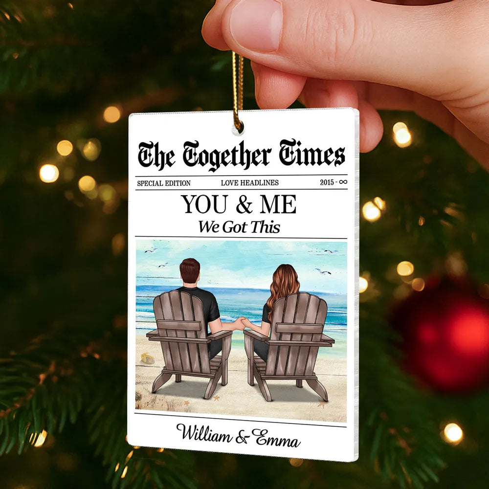 Couples Beach Newspaper-Style Acrylic Ornament – Romantic Custom Keepsake, Perfect Gift for Christmas or Anniversary