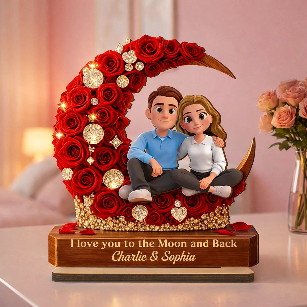 2-Layer Wooden Plaque Custom Couple on Red Rose Crescent Moon Sweet I Love You to the Moon and Back Keepsake Gift for Her or Him