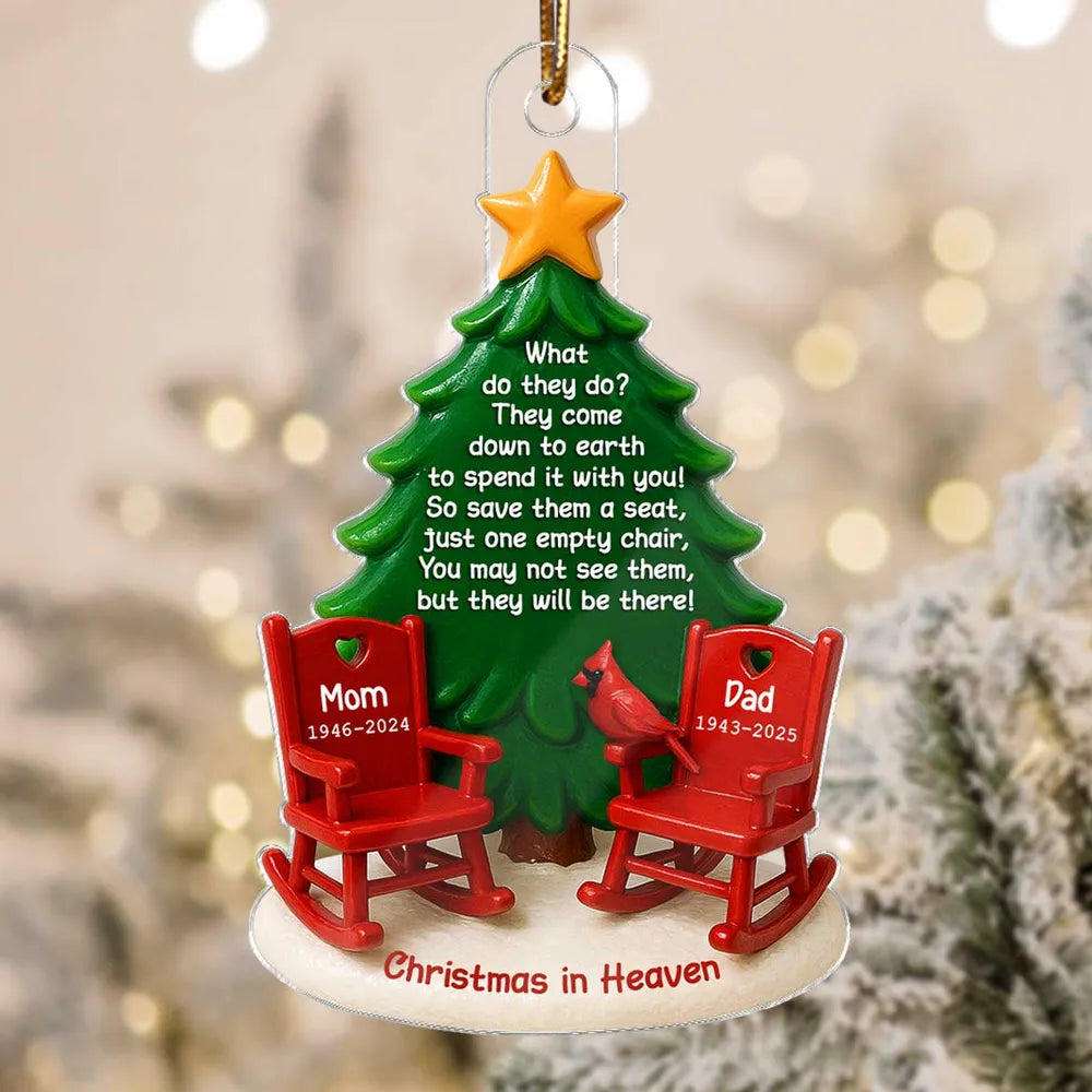 Acrylic Ornament Christmas in Heaven – Red Rocking Chairs & Tree Design, Touching Memorial Gift for Parents or Family
