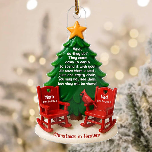 Acrylic Ornament Christmas in Heaven – Red Rocking Chairs & Tree Design, Touching Memorial Gift for Parents or Family