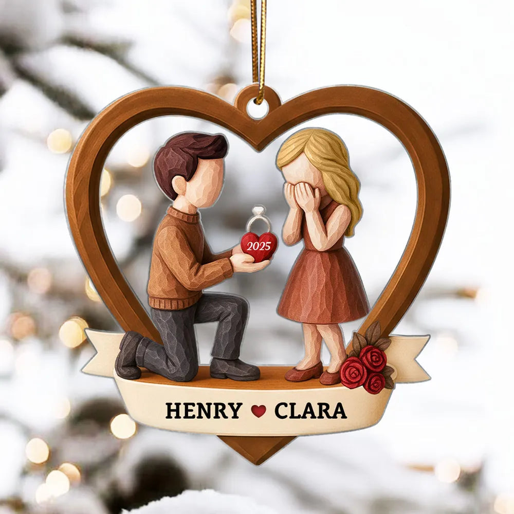 Personalized Couple Proposal Acrylic Ornament, Kneeling Engagement Moment in Heart Frame, Unique Romantic Gift