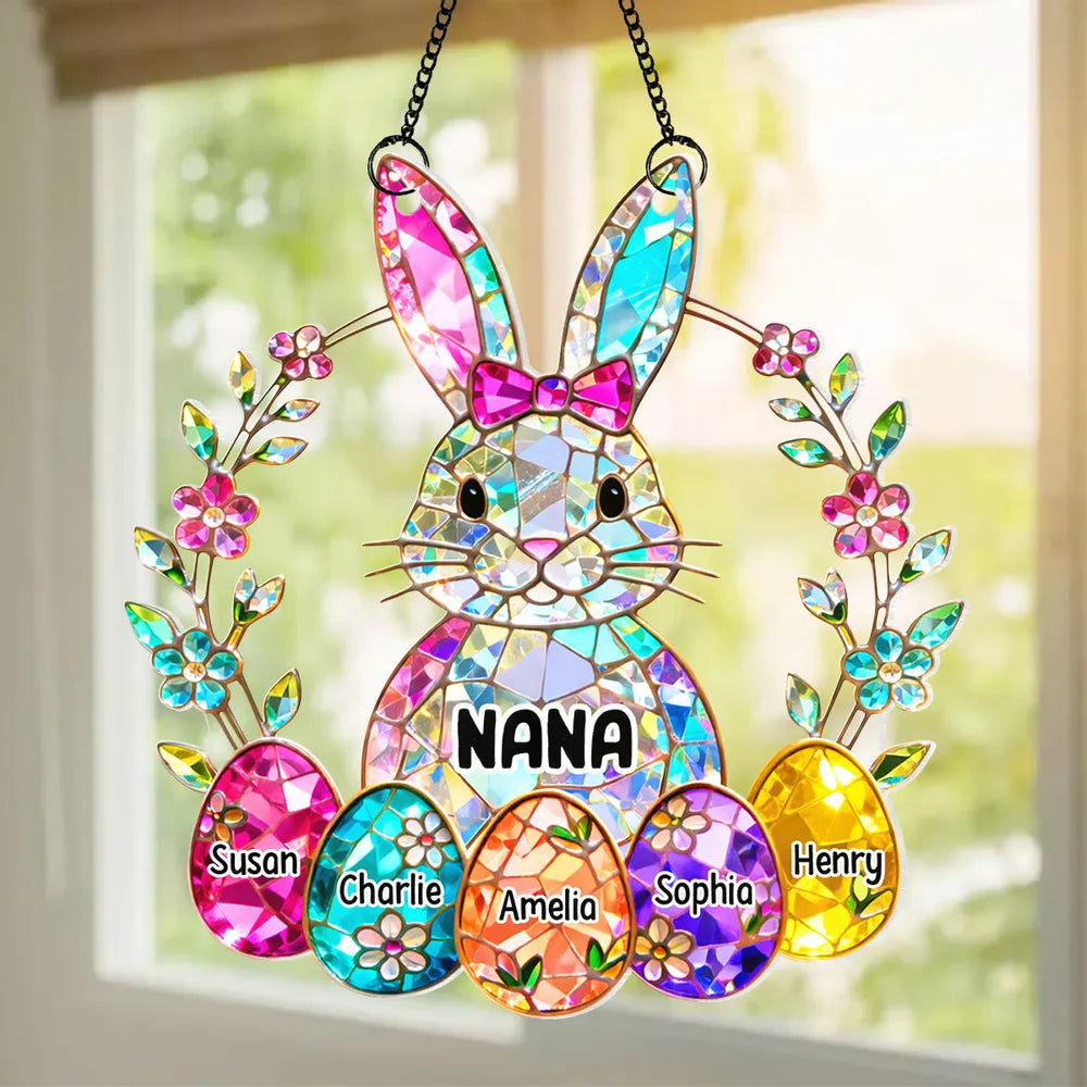 Acrylic Suncatcher Ornament Rainbow Bunny with Floral Wreath for Grandma Sunny Window Decor Unique Gift