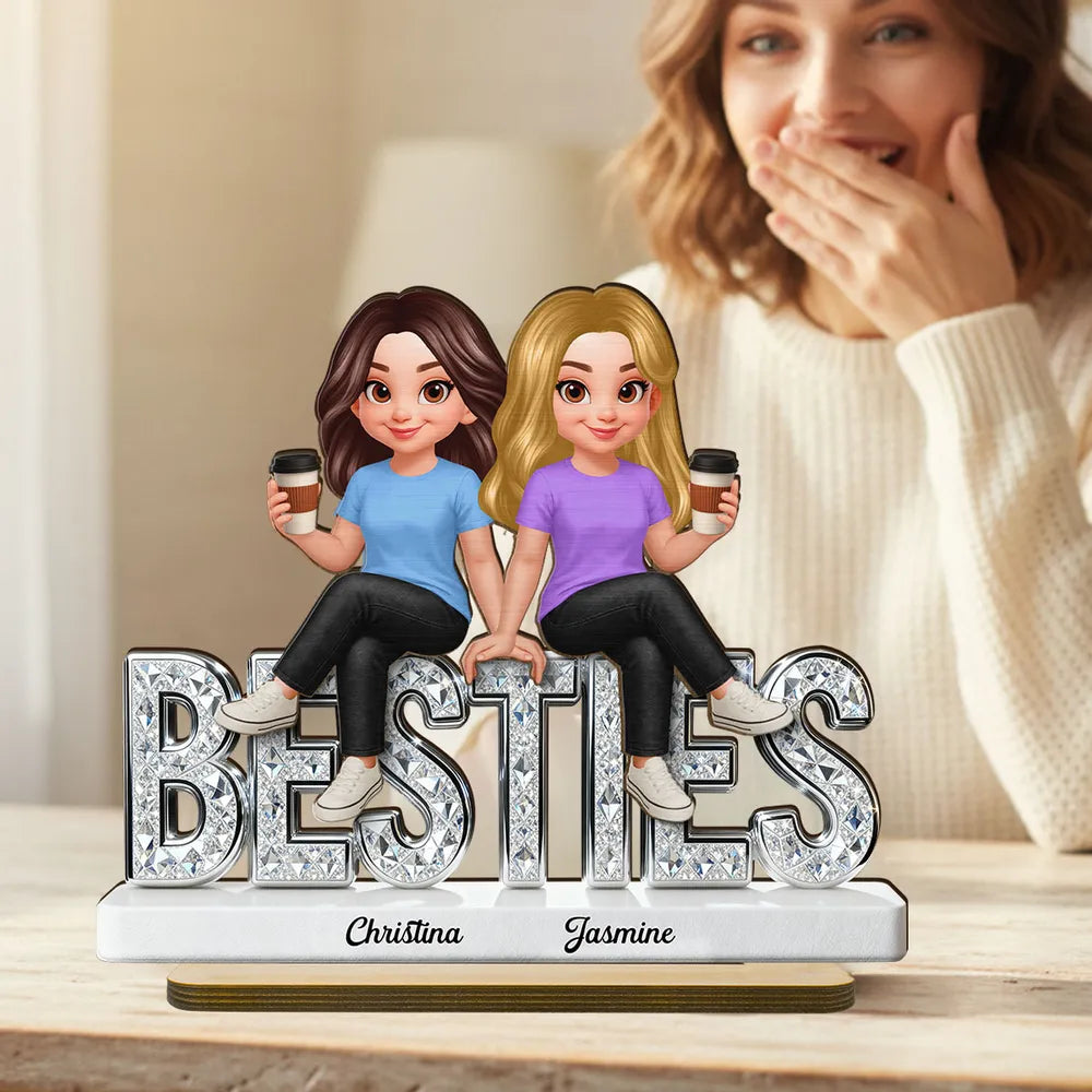 Personalized Besties 2-Layer Wooden Plaque, Cute Cartoon Best Friends Holding Coffee, Unique Gift for Best Friend