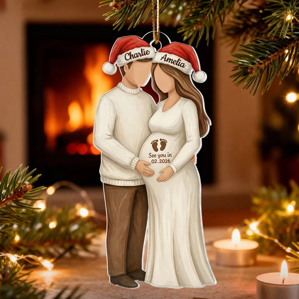 Custom Couple Acrylic Ornament for Parents-to-Be, Romantic Christmas Tree Decor, Personalized Baby Bump Keepsake Gift