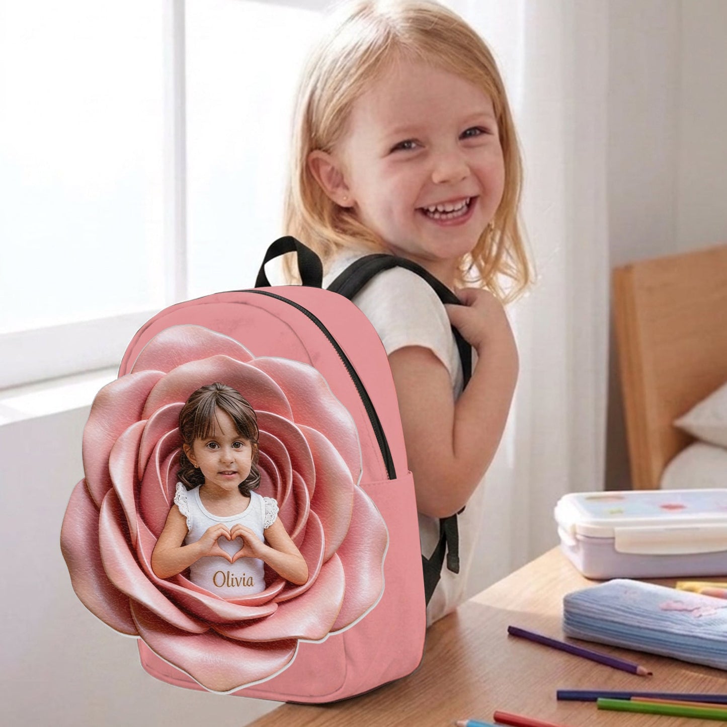 Custom From Photo And Flower - Personalized Kid Changeable Leather Patch Backpack