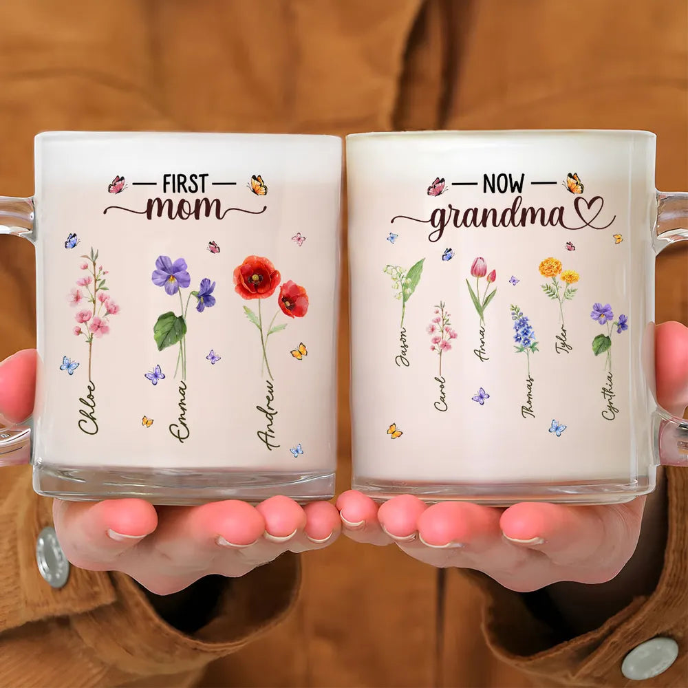 Personalized Glass Mug for Grandma, Custom Birth Flower Style Design, Sweet Daily Coffee Gift