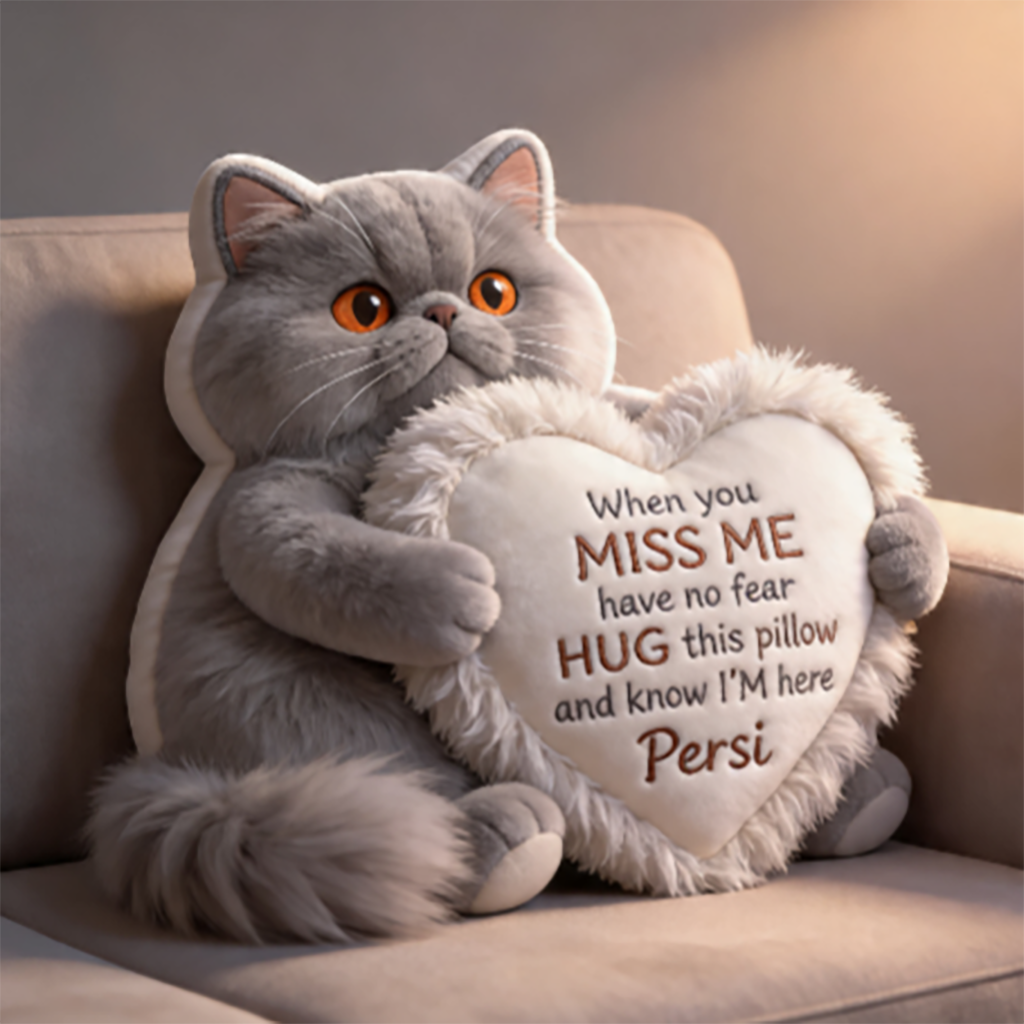 Custom Blue Persian Cat Memorial Heart Pillow - Personalized Pet Loss Keepsake Hug Cushion - Sentimental Bereavement Gift for Cat Lovers