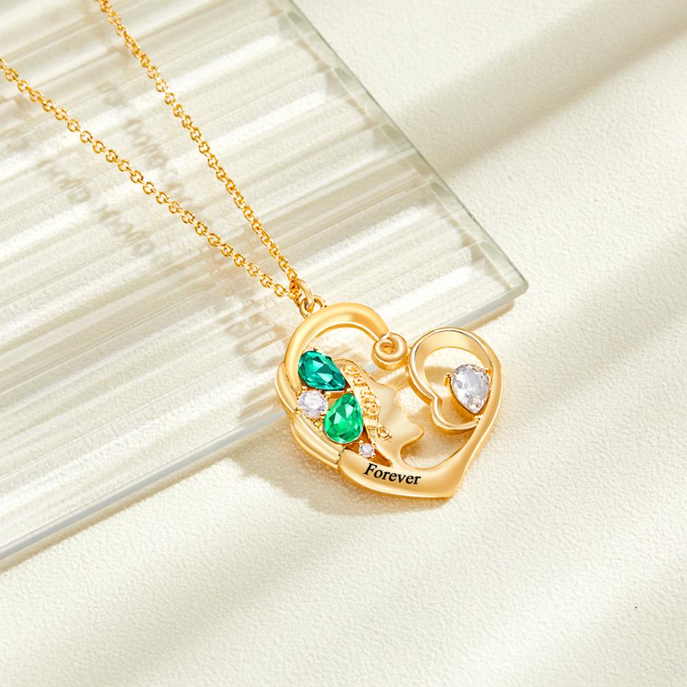 Birthstone Engraved Heart Charm - Personalized Mother Birthstone Women Necklace