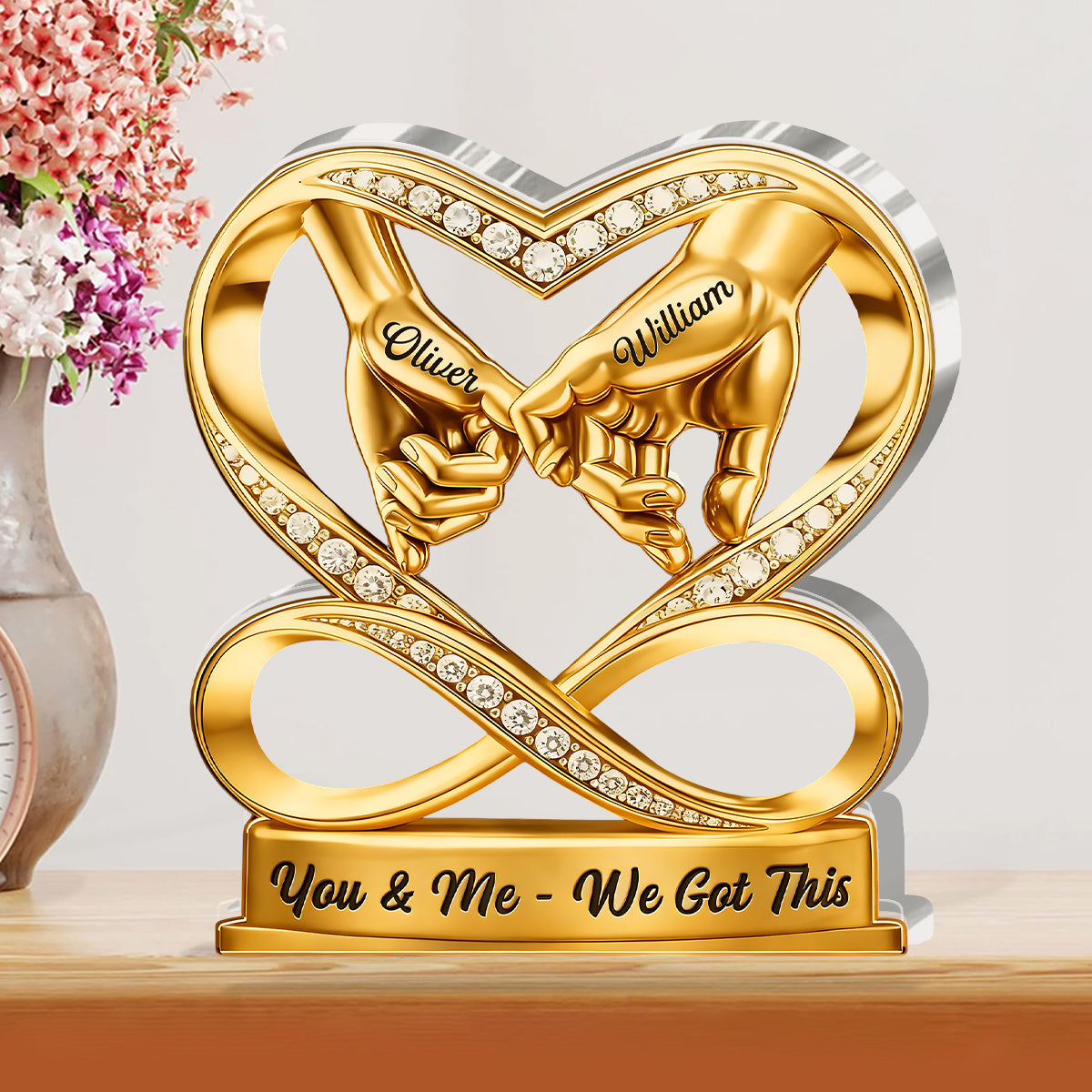 Personalized Shaped Acrylic Block Plaque, Linked By Love Pinky Promise Hands, Romantic Shelf Decor, Unique Gift for Couple