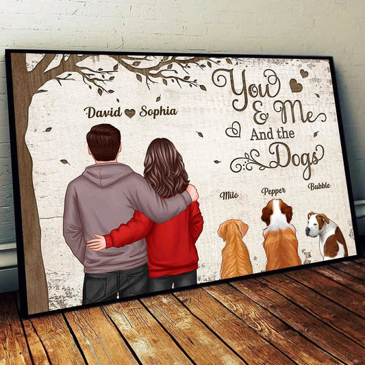 You & Me and the Dogs Custom Poster, Hugging Couple with Pets, Modern Wall Art, Unique Gift for Couples and Dog Lovers