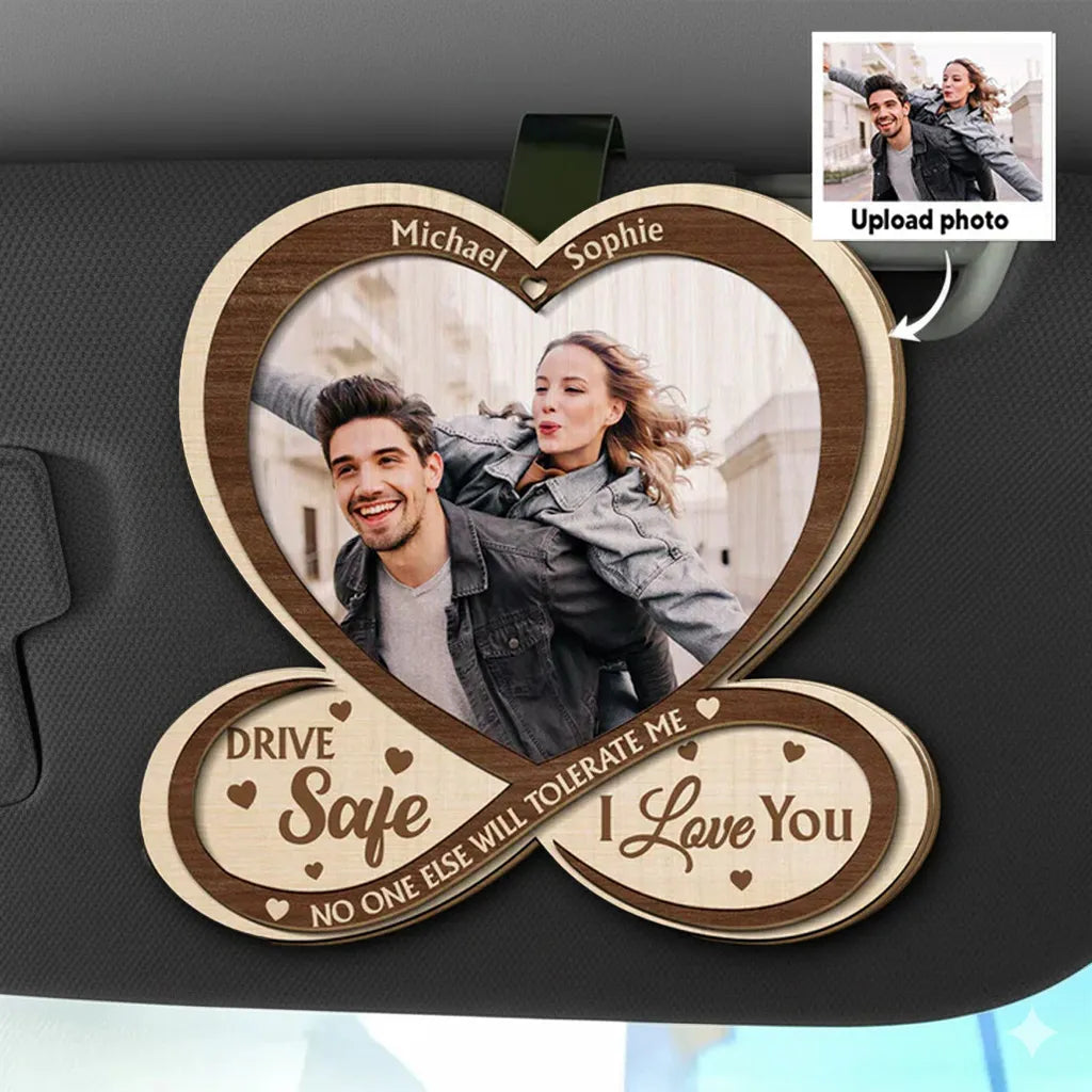 Personalized 2-Layer Wooden Car Visor Clip with Photo Heart Drive Safe I Love You, Unique Couple Gift